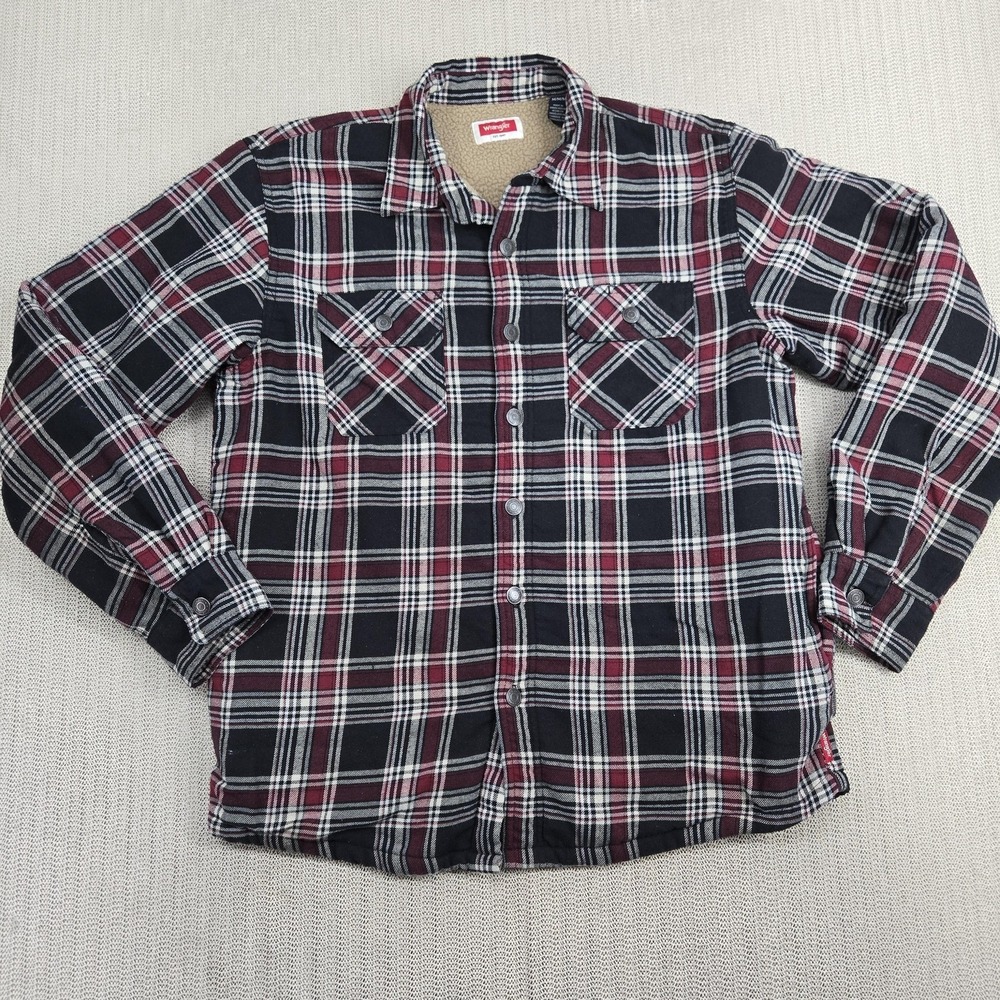 Wrangler Shirt Mens Medium Red Black Plaid Sherpa Lined Flannel Jacket